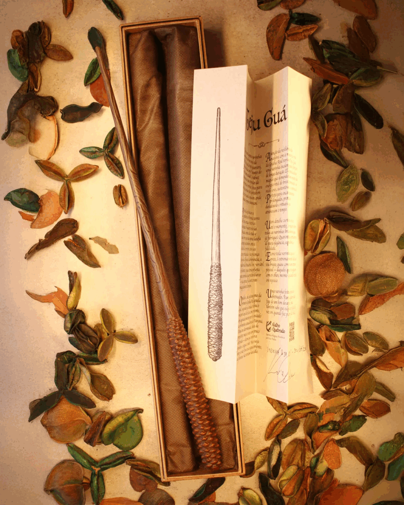 Kit da varinha mágica do Paraná, contendo a caixa, o folheto com a história da varinha e a varinha em si